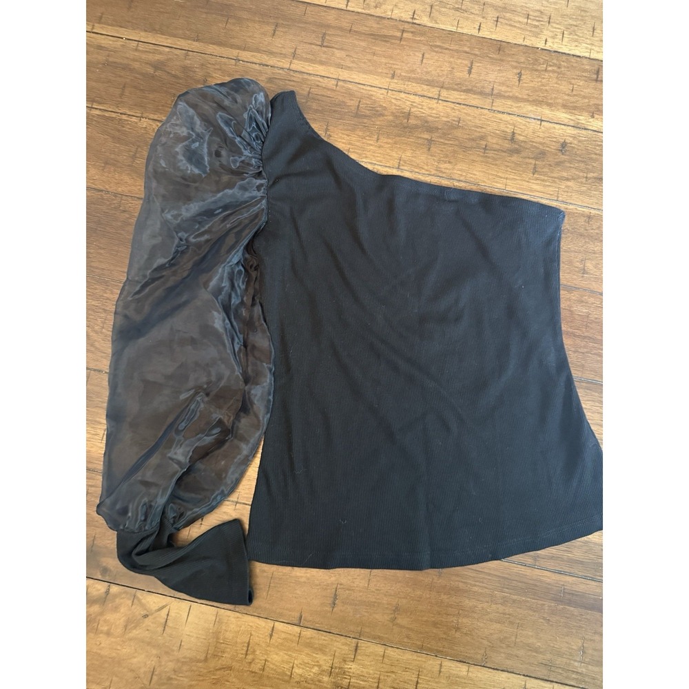 Shein off shoulder one sleeve top ribbed and mesh size medium black